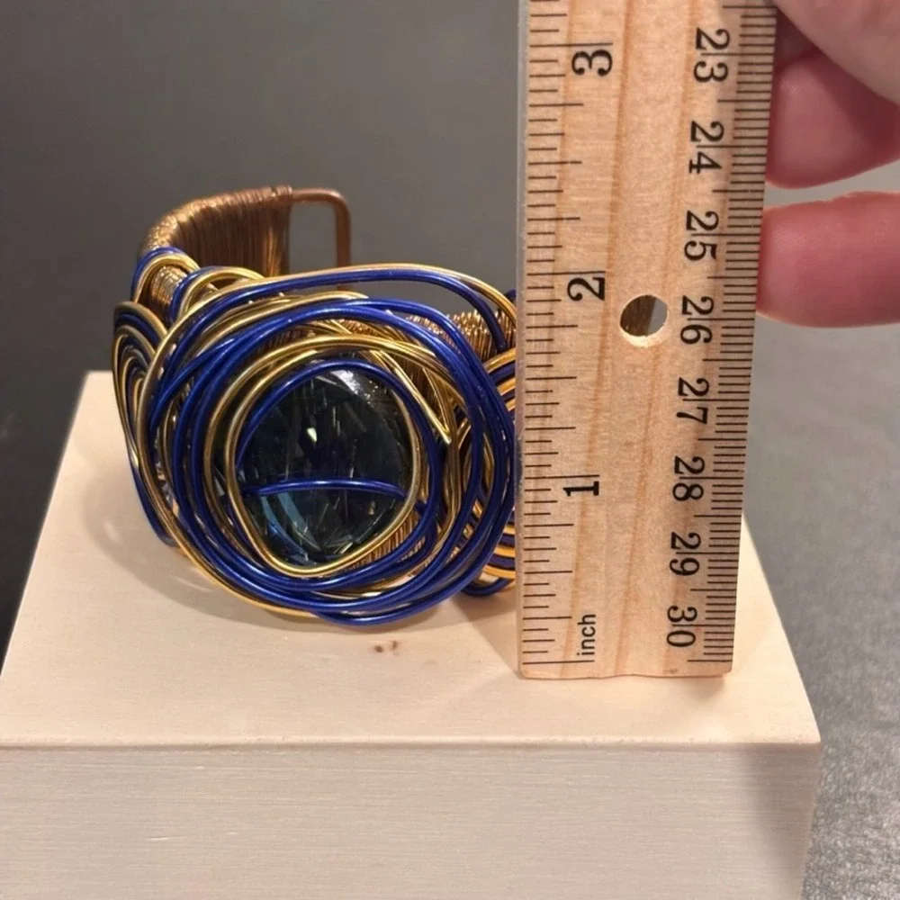 Chunky Blue Gold Wire Gemstone Statement cuff bracelet size 6.5 with flex